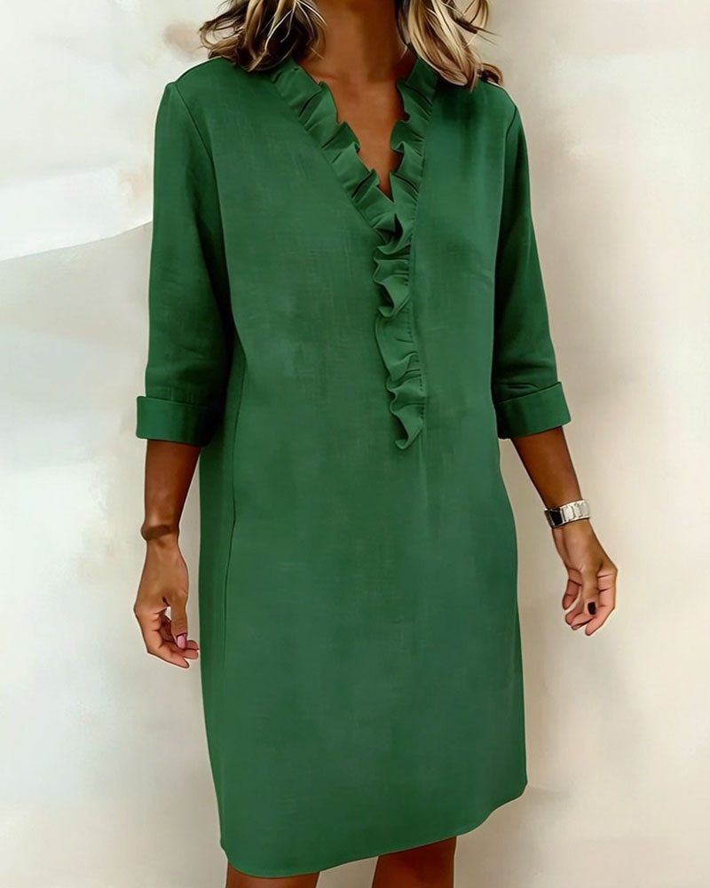 Ruffled V-Neck Solid Color Dress