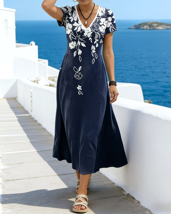 V-Neck Waist-Cinched Flared Dress
