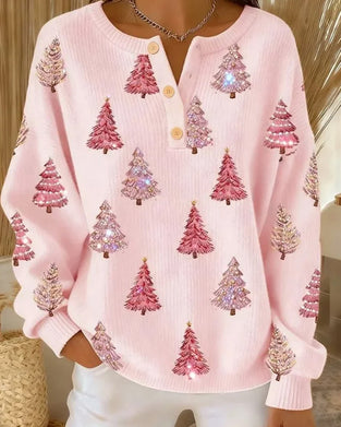 Christmas Tree Print Henley Collar Pullover