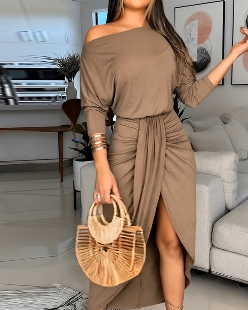 One-Shoulder Batwing Sleeve High Waist Slit Dress