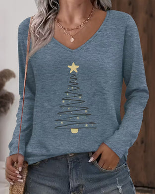 Long-Sleeved V-Neck Printed Top