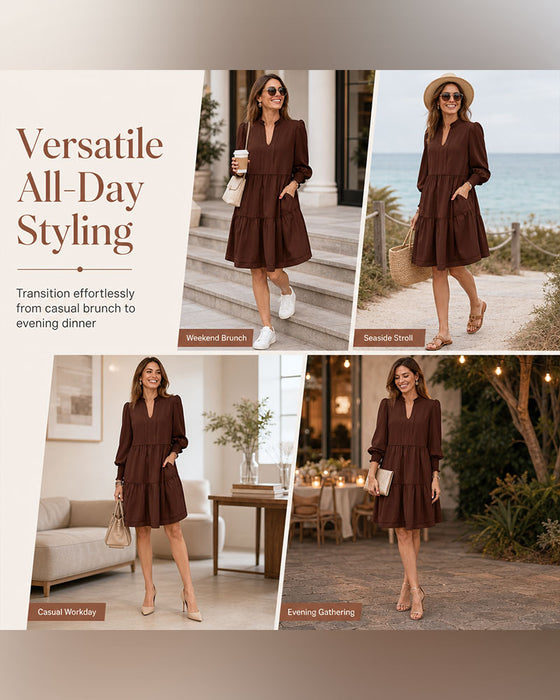 V-Neck Puff Sleeve Tiered Dress