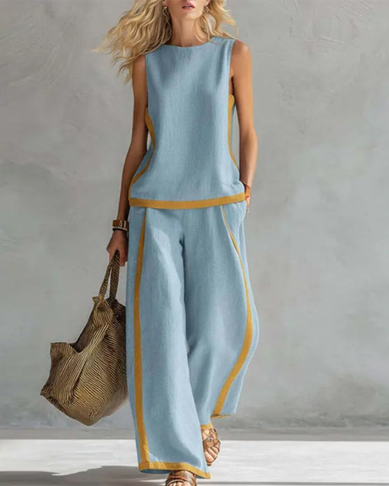 Sleeveless Casual Color-Blocked Two-Piece Set