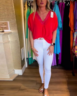 Spliced lace v-neck solid color top