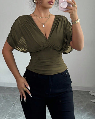 Solid Color Deep V-Nee Waist Short Sleeve Blouse