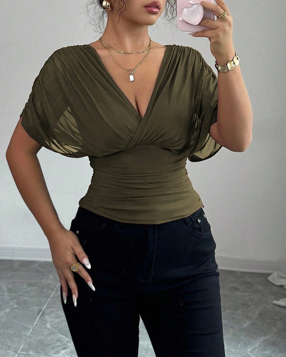 Solid Color Deep V-Nee Waist Short Sleeve Blouse