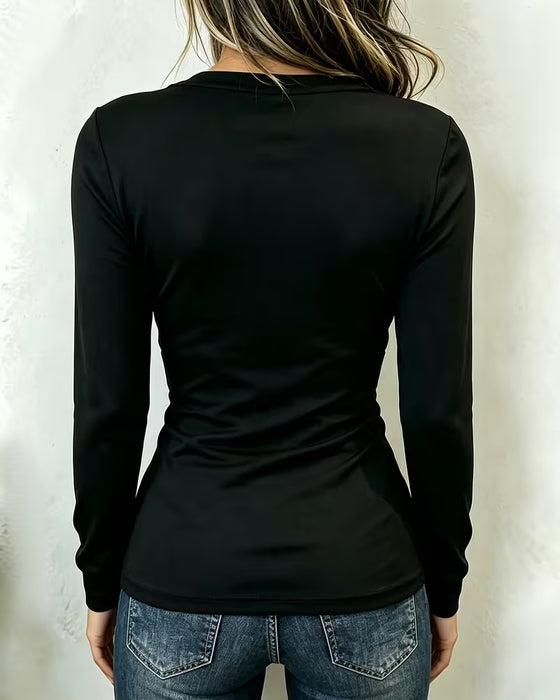 U-Neck Metal Button Long-Sleeved Top