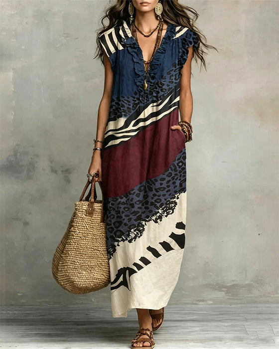 V-Neck Ruffle Pattern Patchwork Dress