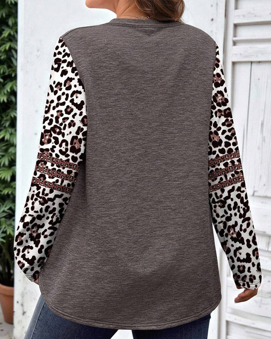 Round Neck Leopard Print Long-Sleeved Top