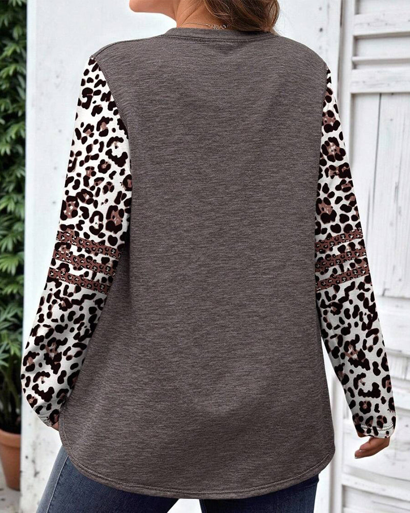 Round Neck Leopard Print Long-Sleeved Top