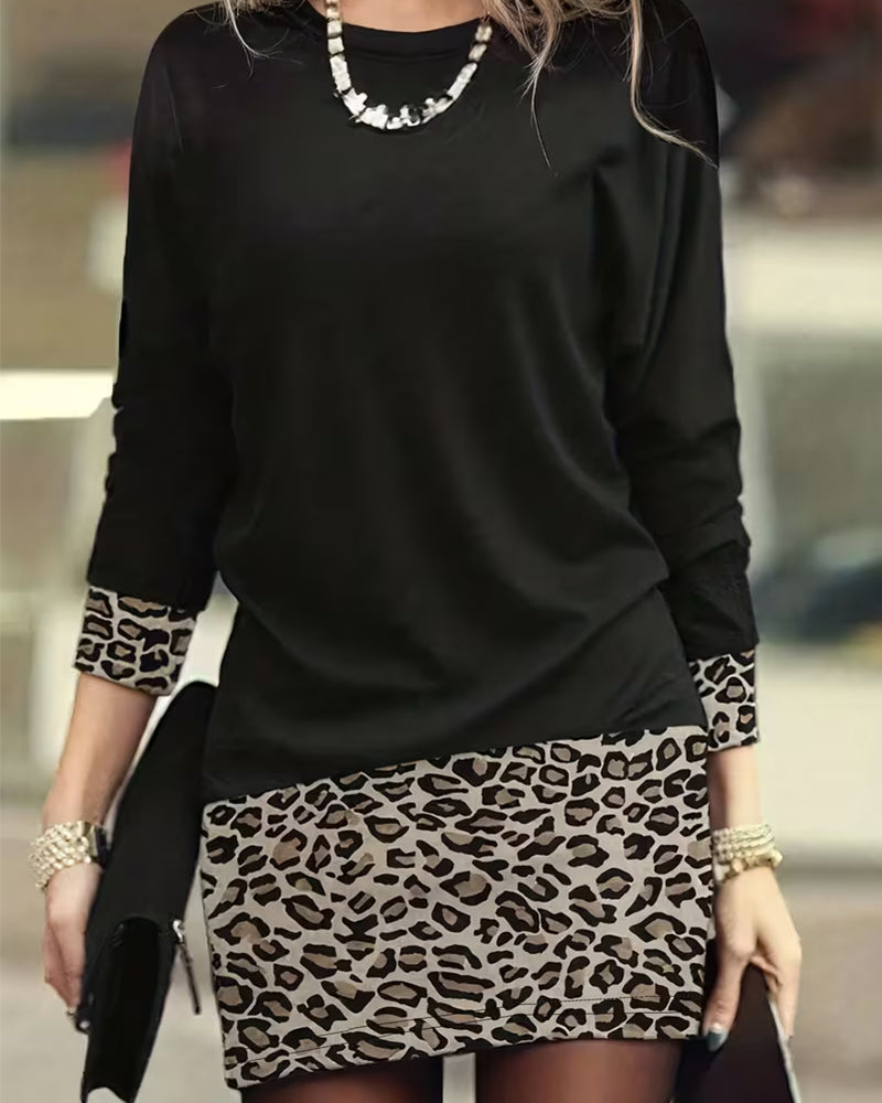 Round Leopard Patchwork Long Sleeve Dress