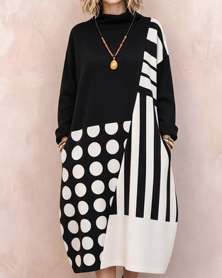 Patchwork Polka Dot Striped High Neck Long-Sleeve Dress