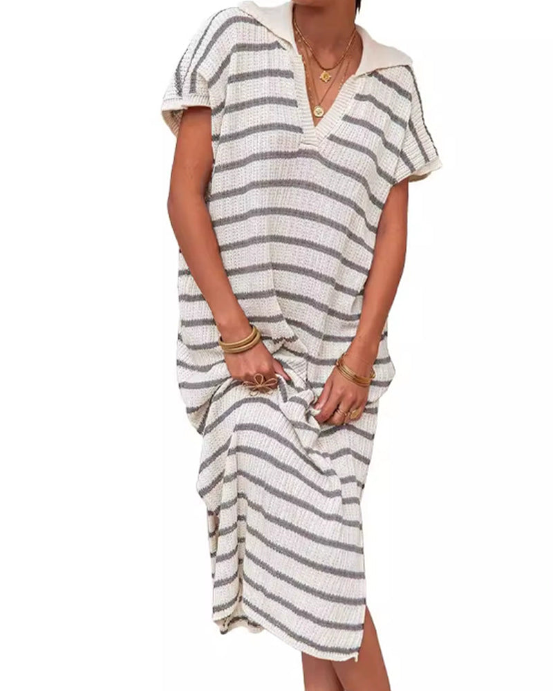 Striped Lapel Short Sleeve Dress