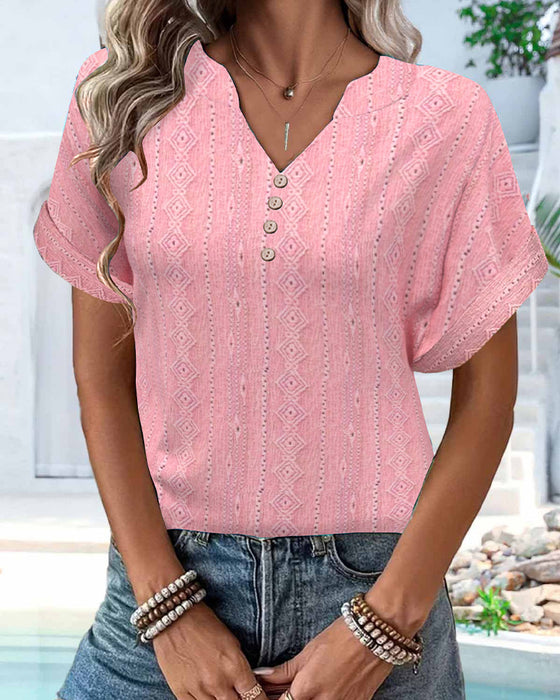 V-Neck Solid Color Casual Short-Sleeved T-Shirt