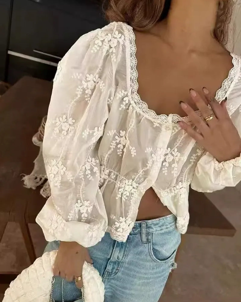 U-Neck Loose Embroidered Long-Sleeved Blouse