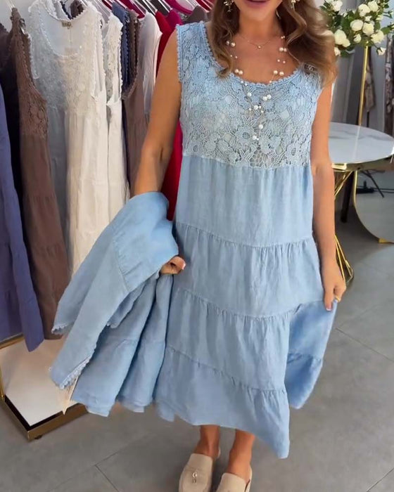 Crew Neck Sleeveless Lace Tiered Dress