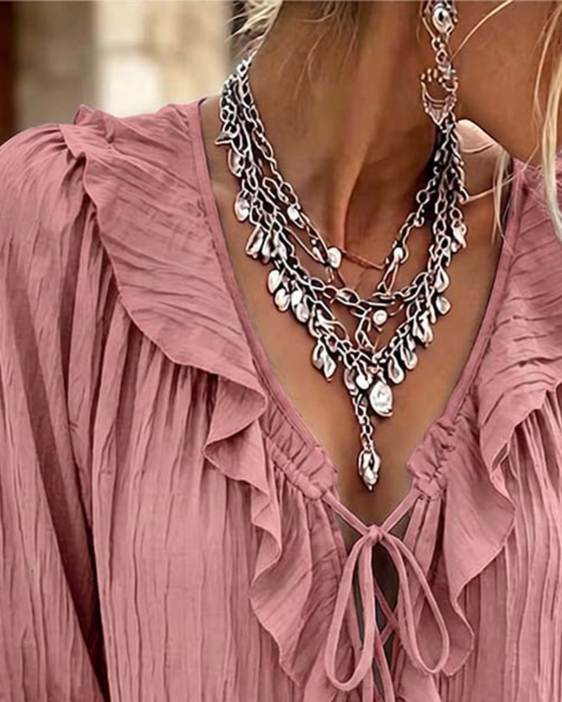 Ruffle Trim Lace-Up Long Sleeve Blouse
