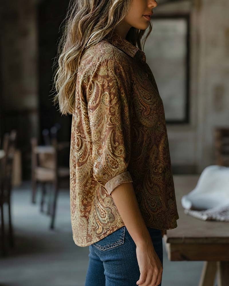Vintage-Style Paisley Long-Sleeve Shirt
