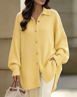 Lapel Button Lantern Sleeve Drop Shoulder Cardigan