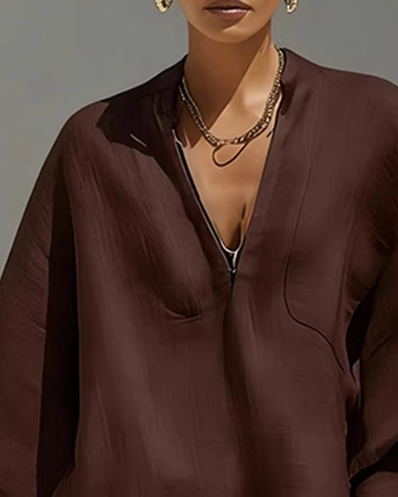 V-Neck Relaxed Sleeve Casual Set