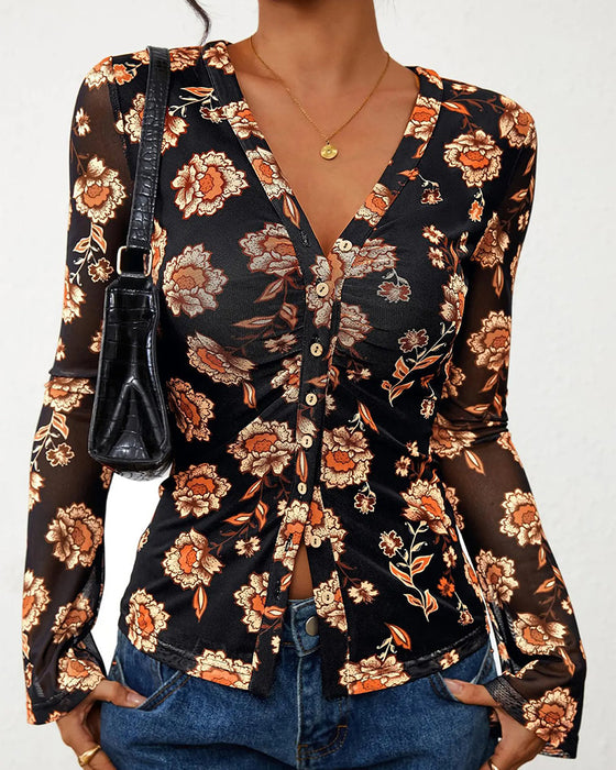 V-Neck Button Slit Fitted Top