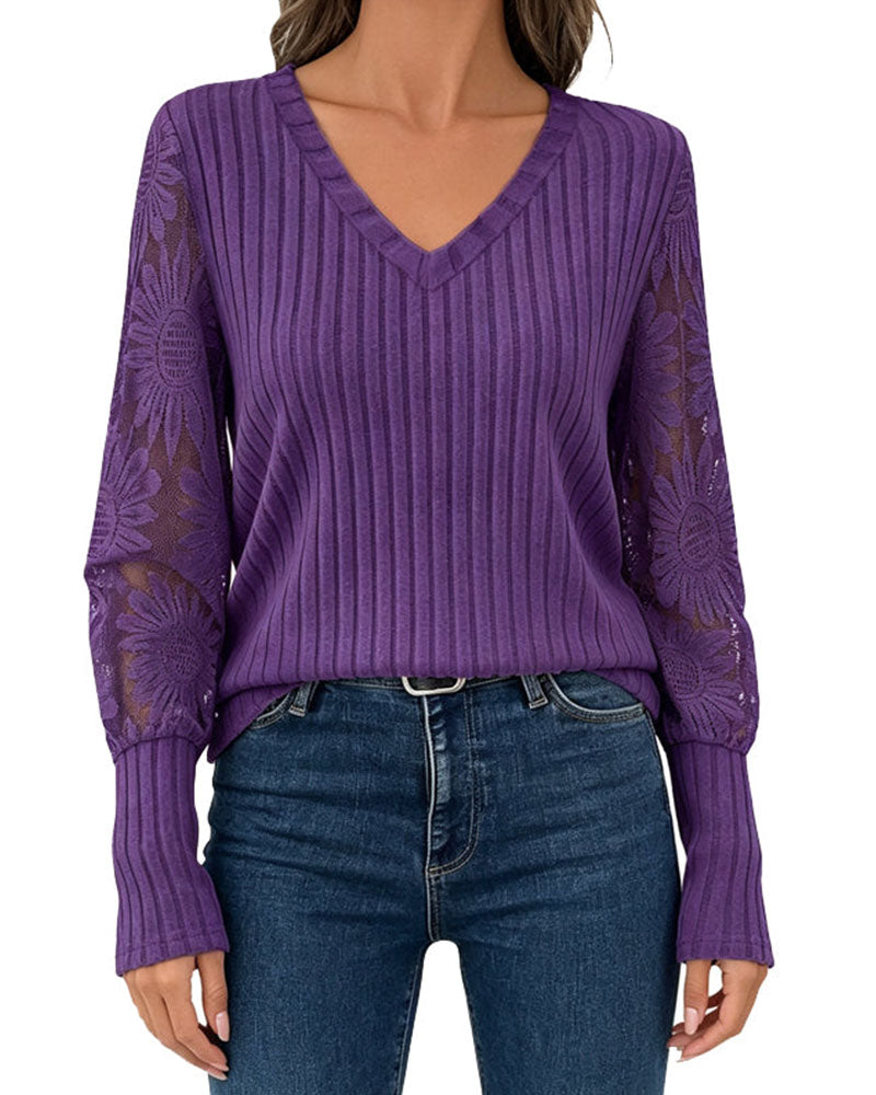Stylish Lace Trim Patchwork Top