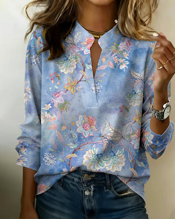 Stand-Up Collar Long-Sleeved Floral Blouse
