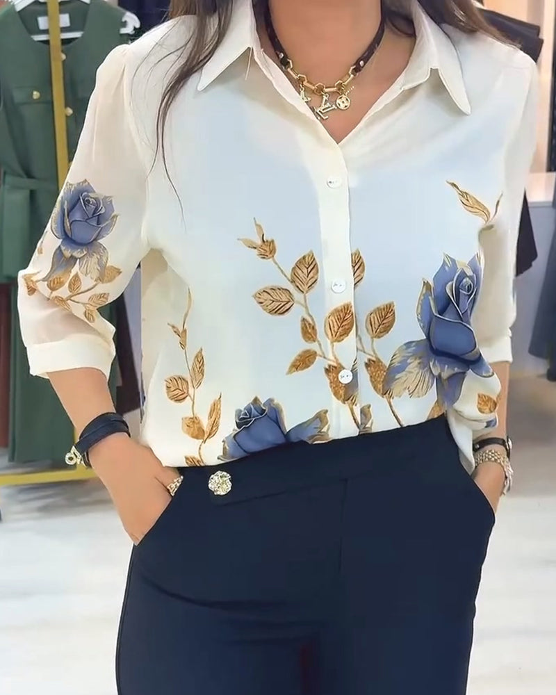 Lapel Puff Sleeve Button-Down Blouse