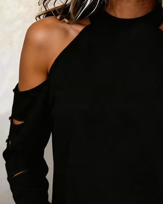 Halterneck Ripped Long-Sleeve Top