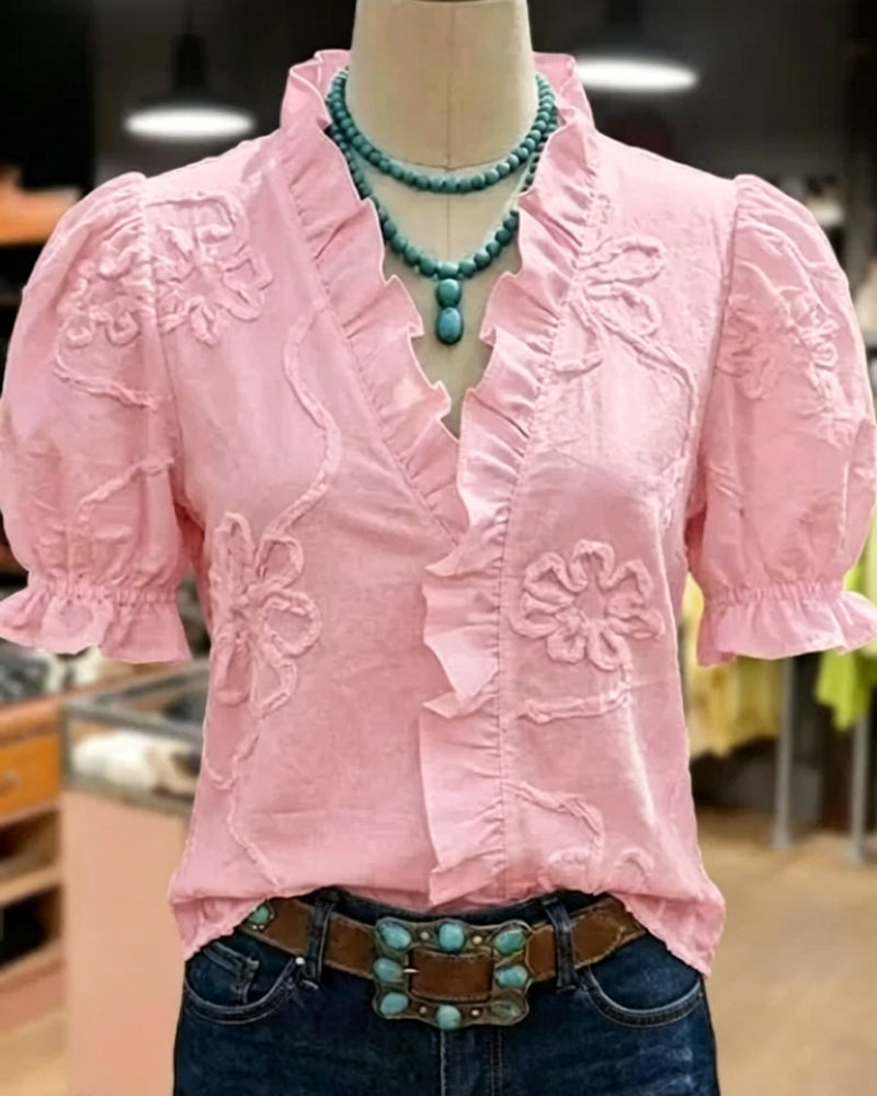 V-Neck Ruffle Trim Puff Sleeve Blouse