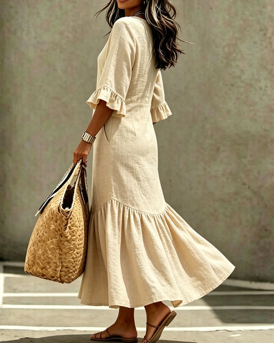 V-Neck Pocket Ruffle Fitted Dress