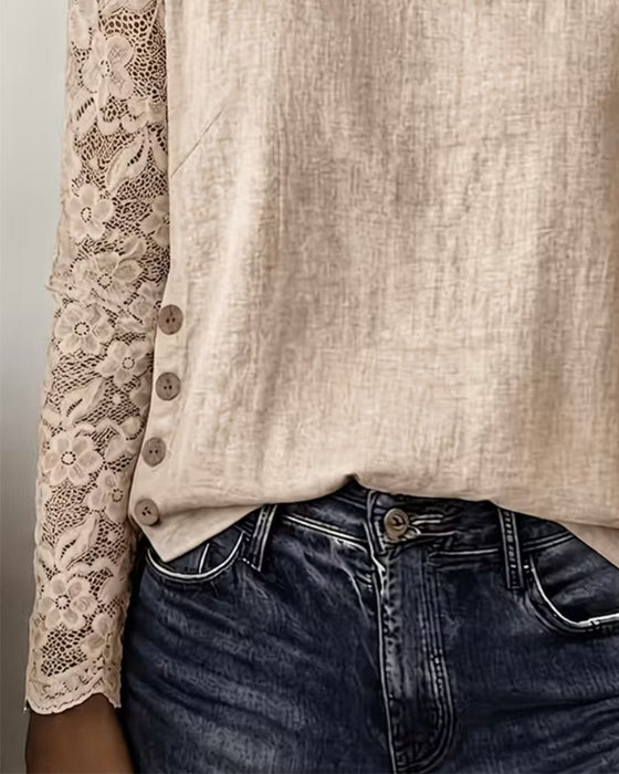 Round Neck Buttoned Lace Patchwork Long-Sleeved Blouse