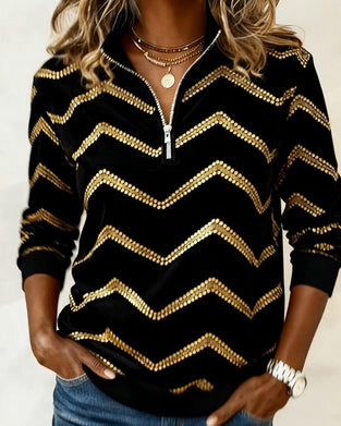 Zippered Long-Sleeve Wavy Print Sweatshirt