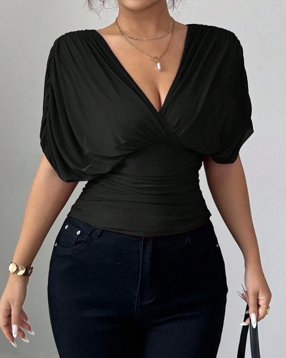 Solid Color Deep V-Nee Waist Short Sleeve Blouse
