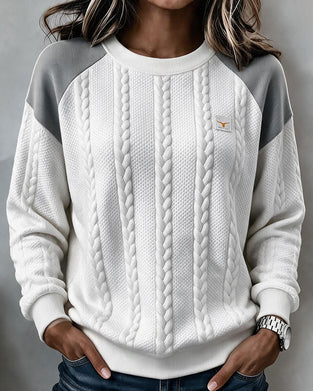Crew Neck Cable Knit Color Block Sweatshirt