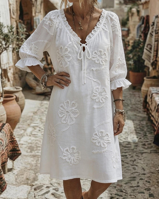 V-Neck Ruffle Tie 3D Floral Dresses