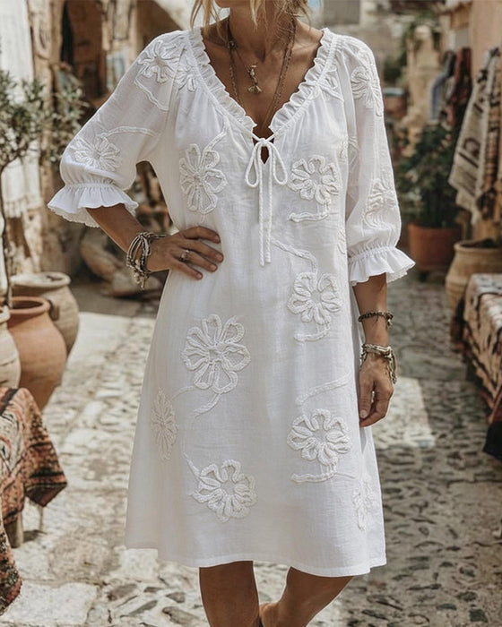 V-Neck Ruffle Tie 3D Floral Dresses