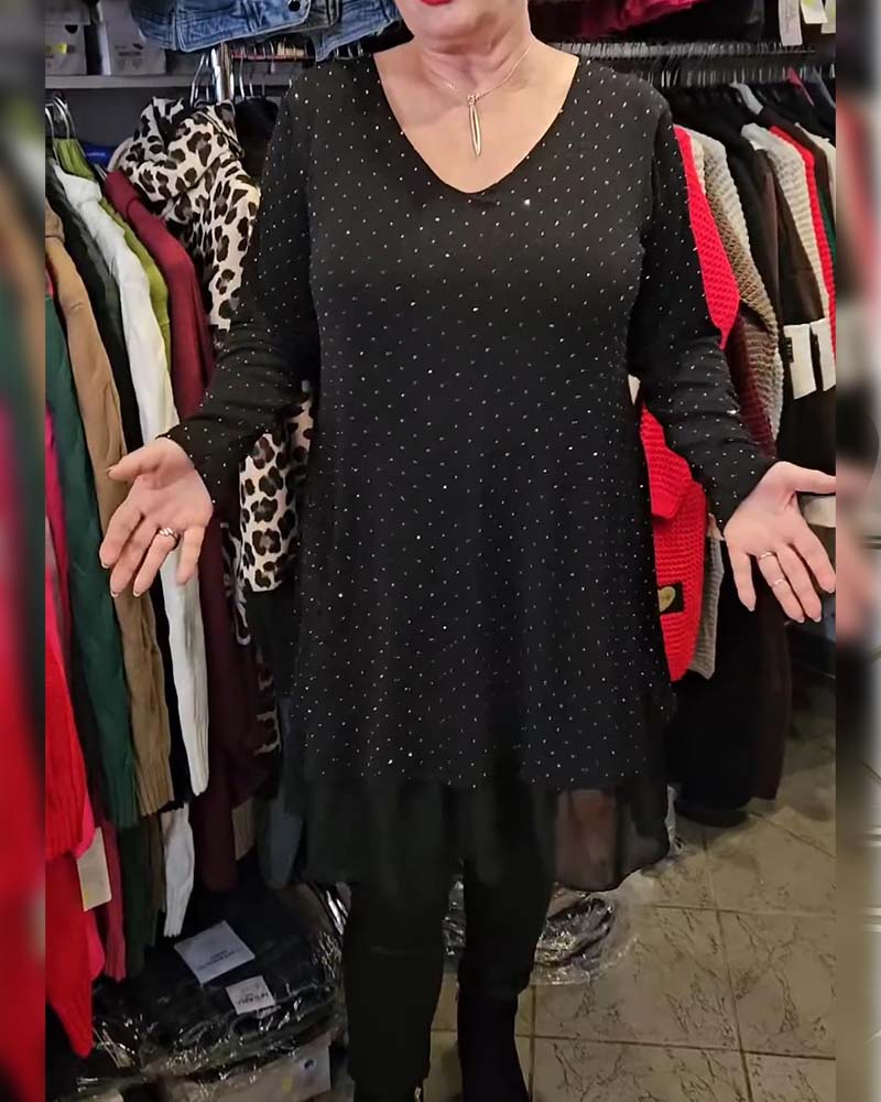 V-Neck Fine Glitter Mesh Patchwork Loose Dress