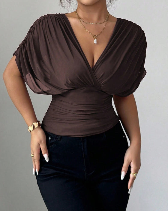 Solid Color Deep V-Nee Waist Short Sleeve Blouse