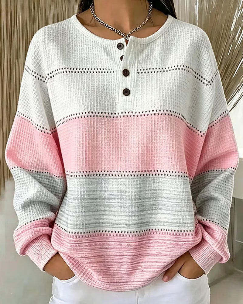Color-Block Crew Neck Button Waffle Sweatshirt