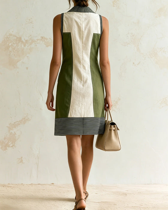 V-Neck Lapel Color Block Striped Sleeveless Dress