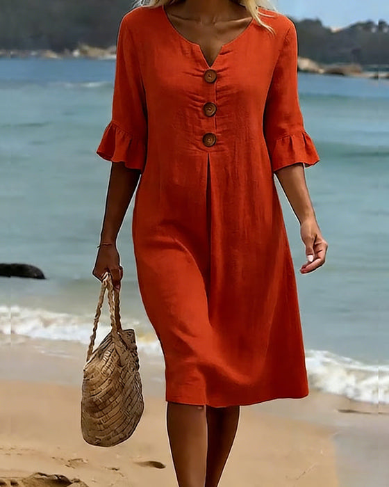 Button Ruffle Sleeve 100% Cotton Dress