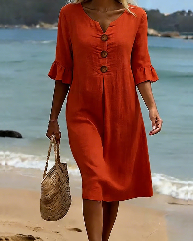 Button Ruffle Sleeve 100% Cotton Dress