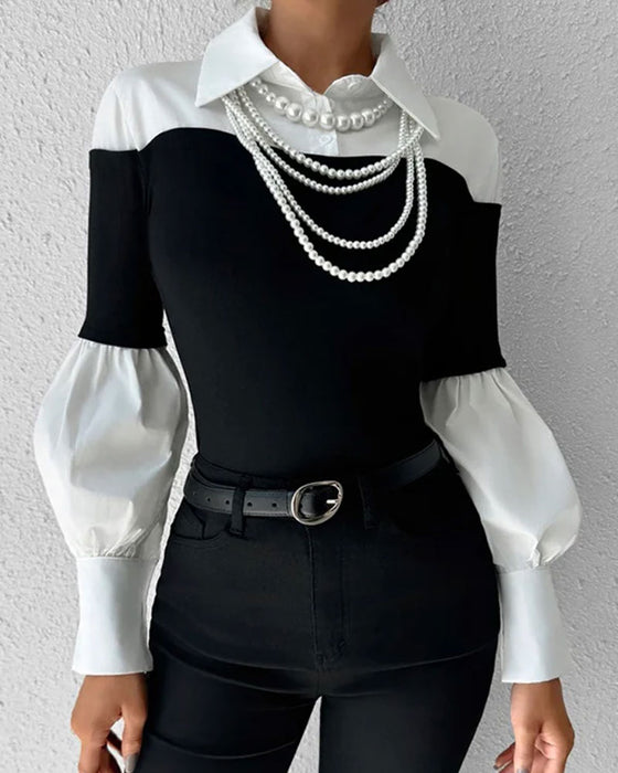 Color-Block Off-Shoulder Lantern Sleeve Patchwork Top