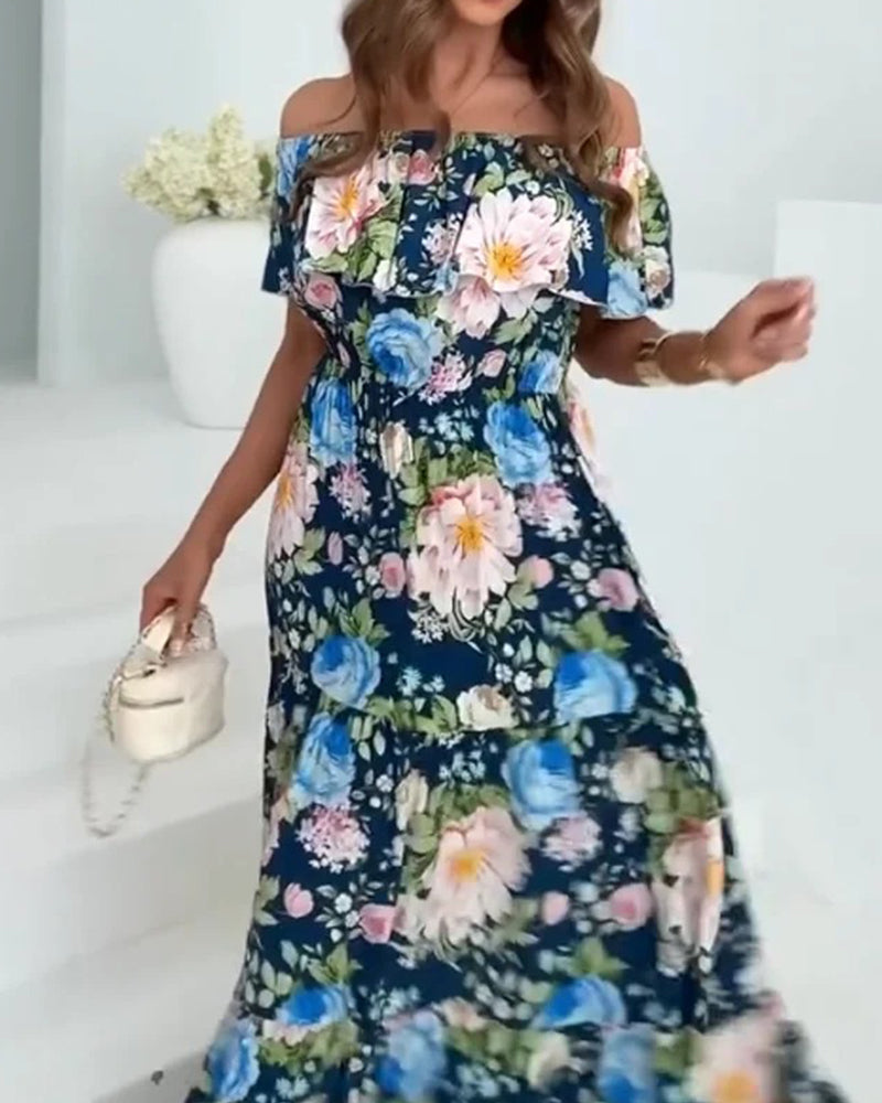 Off-the-Shoulder Floral Waist-Cinching Dress
