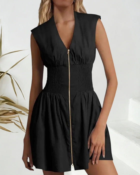 V-Neck Zipper Cinched Waist Sleeveless Dress