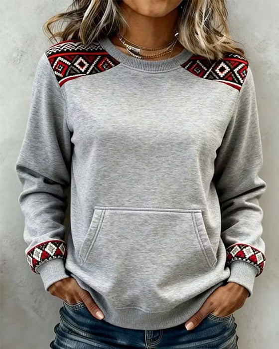 Crew Neck Argyle Color Block Pocket Sweatshirt