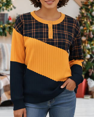 Crew Neck Plaid Color-Block Long-Sleeve Hoodie