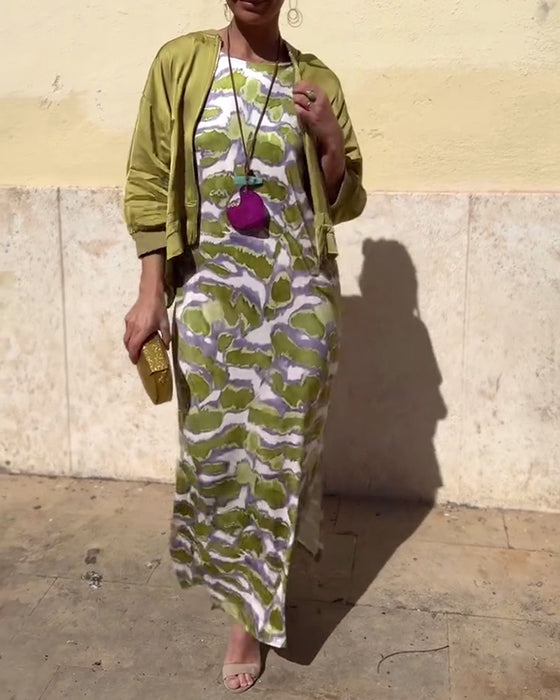 Sleeveless Printed Dress And Coat Set