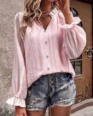 Pleated Stand Collar Ruffled Blouse